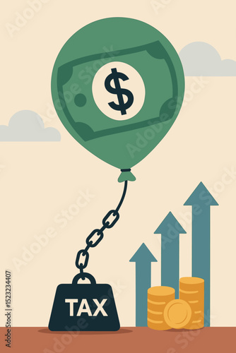 Financial burden of taxes concept. Dollar money balloon chained to heavy tax weight, hindering economic growth & investment. Metaphor for rising costs, debt, inflation pressure. Economy.