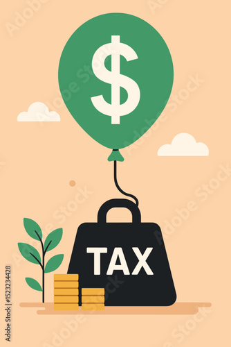 Financial burden of taxes as heavy weight and dollar balloon. Concept of economic pressure, fiscal policy, debt, money crisis, income tax, investment growth, financial struggles and wealth.