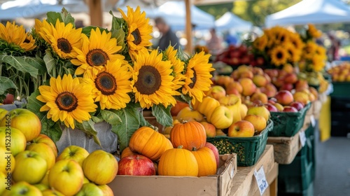 Sunflowers, Pumpkins, and Apples at Market Stall