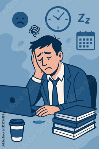 Monday blues concept with tired businessman at office desk. Overwhelmed employee struggling with work stress, fatigue, and burnout. Mental health, deadline pressure, and exhaustion in corporate life.