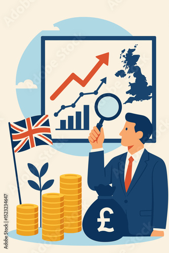 UK Economic Forecast Analysis 2025. Financial Growth Prediction. British Economy. Investment Opportunity. Pound Sterling. Business Analytics. Market Trends. Magnifying Glass