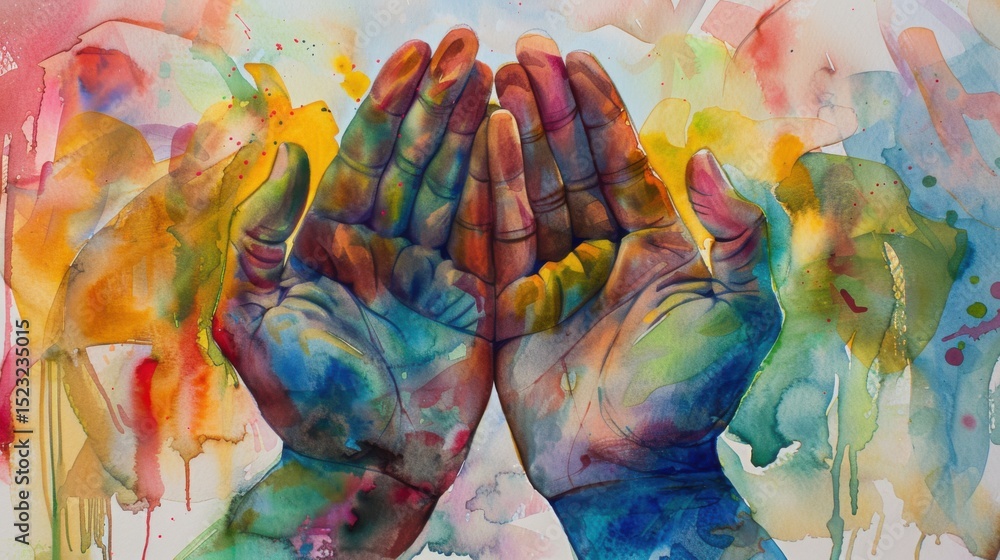 Fototapeta premium Watercolor Painting of Two Hands with Abstract Color Washes