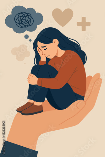 Supportive embrace scene. Mental health concept. Woman with sad thoughts, depression, anxiety. Hand offering help, care, compassion. Psychology, therapy, emotional support. Vector