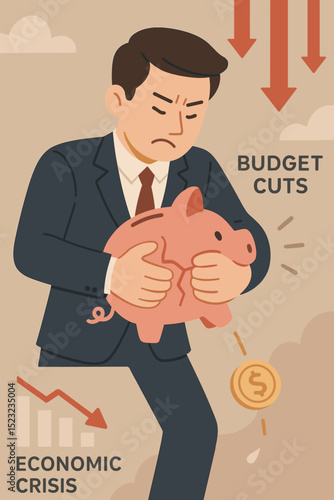 Economic crisis concept. Worried businessman squeezing cracked piggy bank. Budget cuts, financial hardship, austerity measures, recession impact, money problems, savings pressure. Vector.