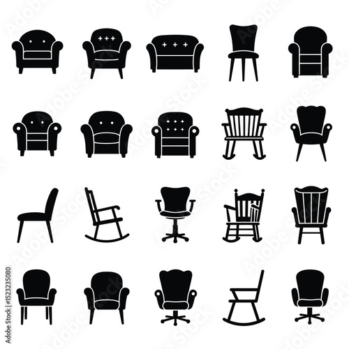 Chair icon set in flat style. Chair and Seating icons silhouettes vector design template. modern soft fabric office arm chairs