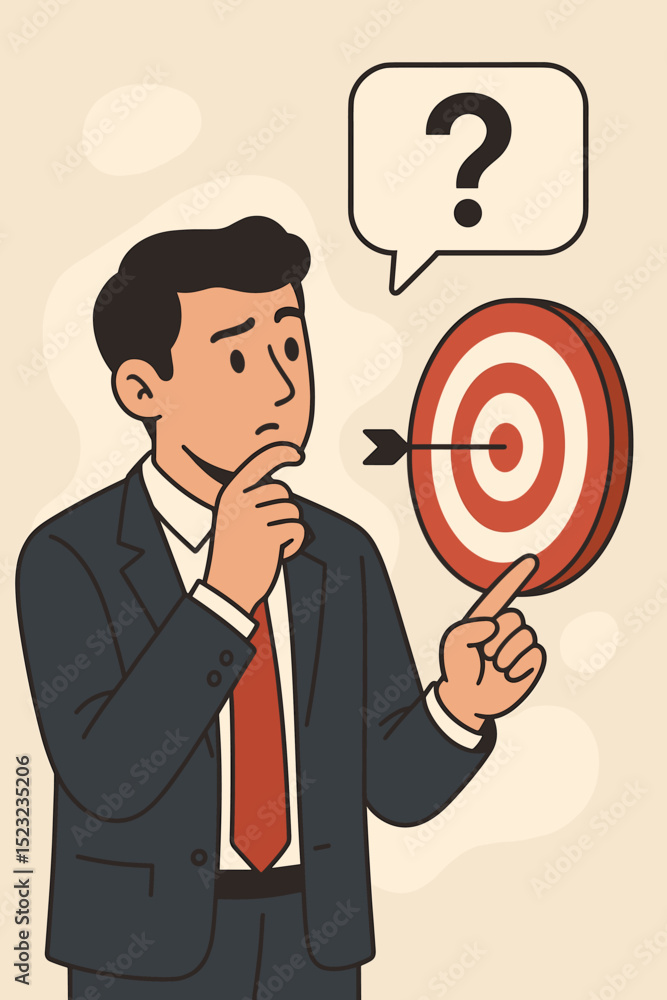 Businessman in suit pondering business strategy, target with arrow, question mark. Concept of corporate goals, challenges, problem-solving, decision making, uncertainty, risk. Flat vector. Businessman in suit pondering business strategy, target with arrow, question mark. Concept of corporate goals, challenges, problem-solving, decision making, uncertainty, risk. Flat vector.