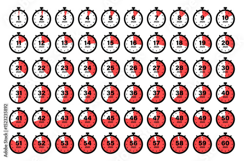 Stopwatch icon set from 1 to 60 minute timer countdown in red color. Vector