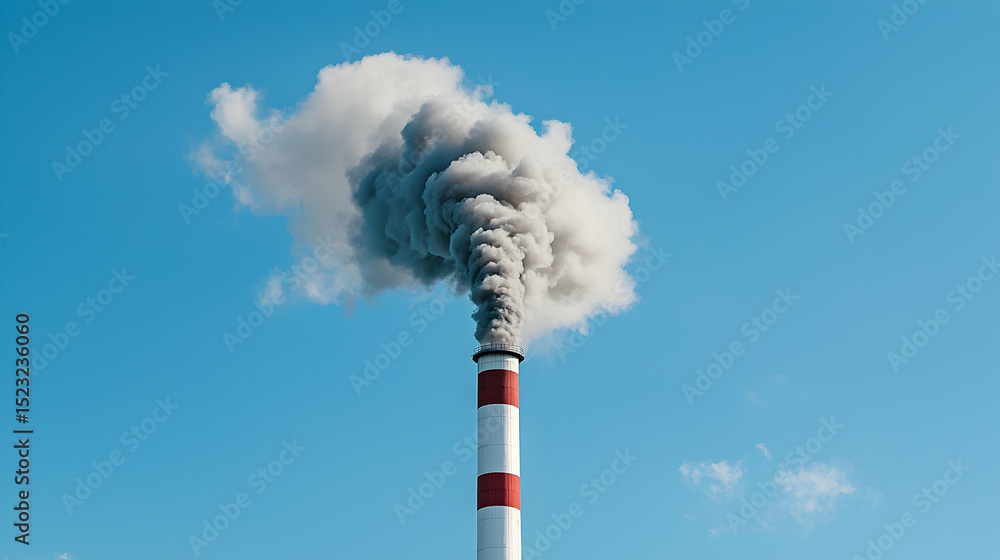 Industrial Chimney with Smoke Pollution Against Clear Sky Industrial Chimney with Smoke Pollution Against Clear Sky