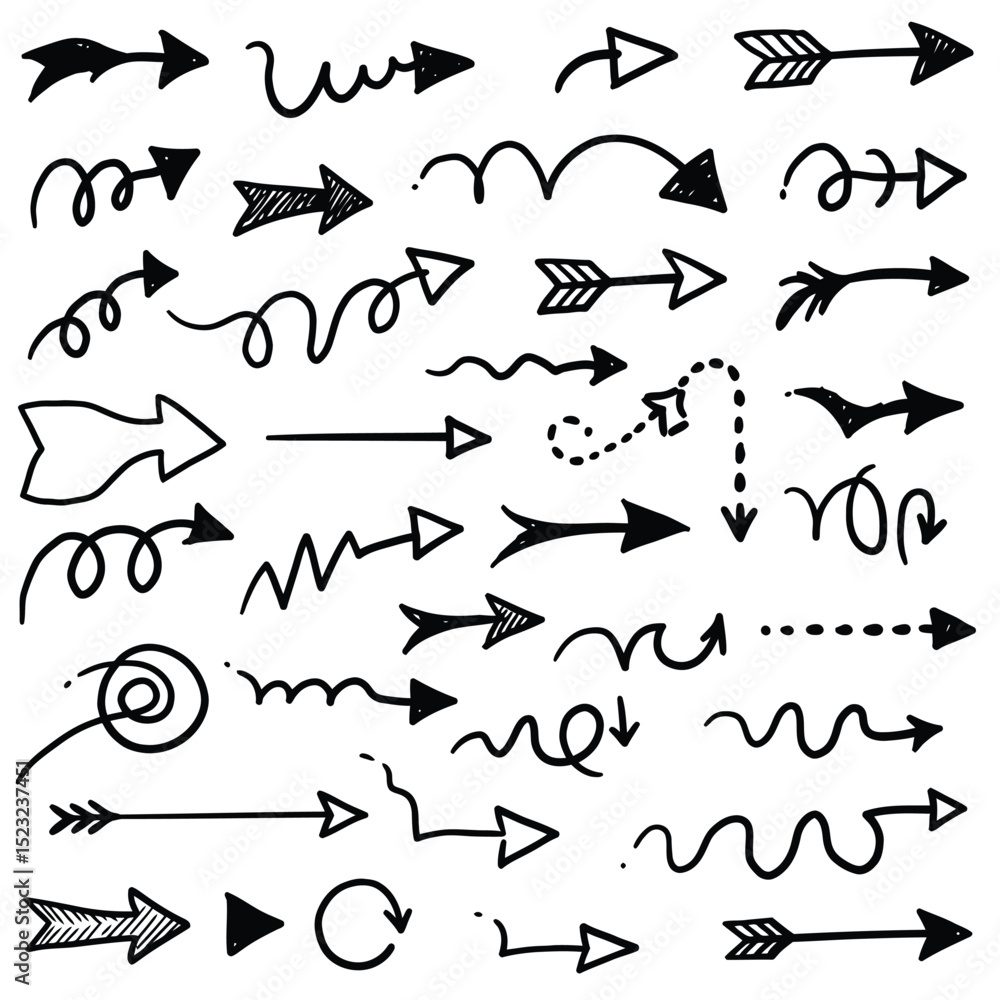 Hand drawn arrow set featuring curved, straight, dotted, and swirled arrows design, arrow vector for creative design, presentations, infographics, and decorative purposes Hand drawn arrow set featuring curved, straight, dotted, and swirled arrows design, arrow vector for creative design, presentations, infographics, and decorative purposes