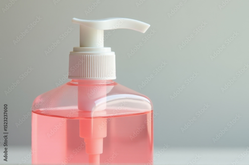 A pink liquid bottle with a white pump, suitable for use in beauty and wellness contexts A pink liquid bottle with a white pump, suitable for use in beauty and wellness contexts