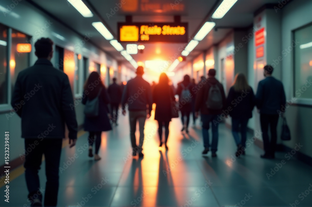 Group of people walking down a long corridor Group of people walking down a long corridor
