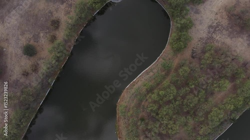 Aerial Drone View of a Dried Lake in a Park During Drought Season