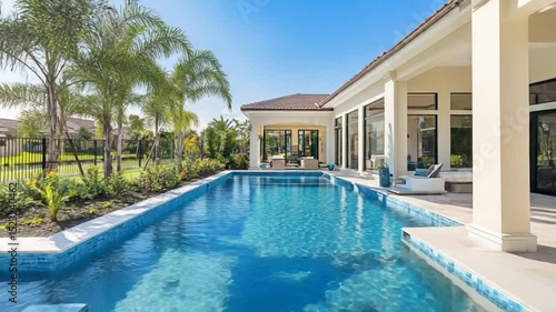 Wallpaper Mural Swimming Pool and Elegant House with Palm Trees against Blue Sky backdrop Torontodigital.ca