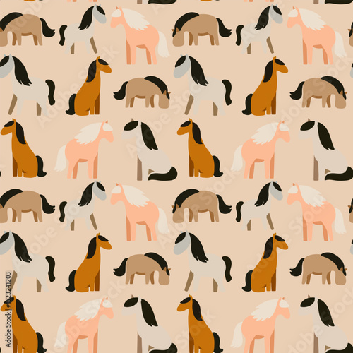 Seamless pattern of stylized cartoon horses in various poses and earthy tones on a muted gray background. Flat vector illustration, playful and minimalistic style, ideal for children's textiles