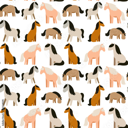 Seamless pattern of stylized cartoon horses in various poses and earthy tones on a muted gray background. Flat vector illustration, playful and minimalistic style, ideal for children's textiles