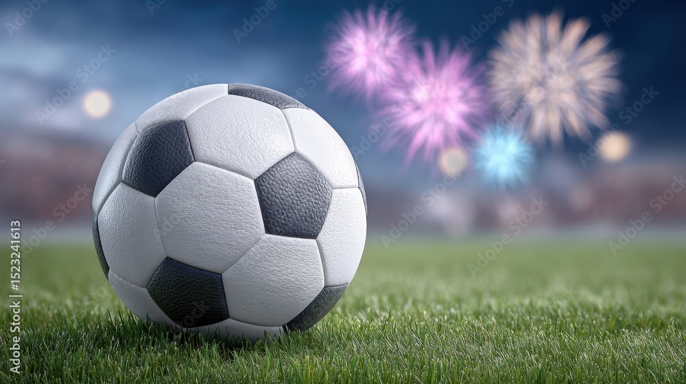 Obraz premium Celebratory soccer scene with fireworks on a twilight field