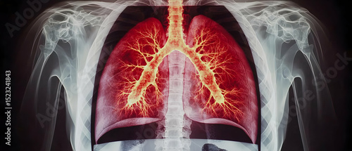 X-Ray Image Of Lungs With Reddish Inflammation