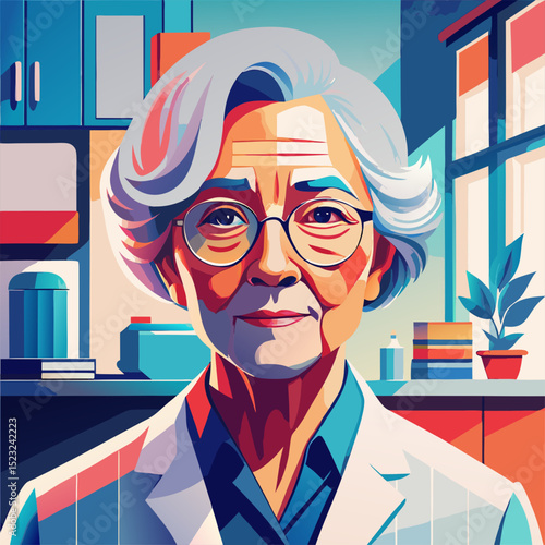 Elderly woman in clinic working as doctor: experienced physician consulting patient with gentle smile in modern medical office with professional equipment.