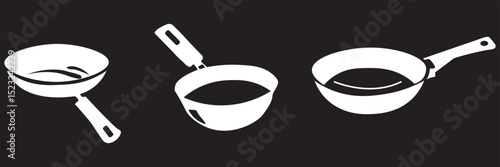 Black frying pan icon holds a white flame on a transparent background