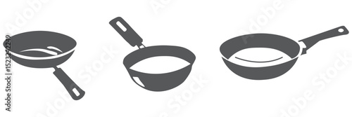 Black frying pan icon holds a white flame on a transparent background