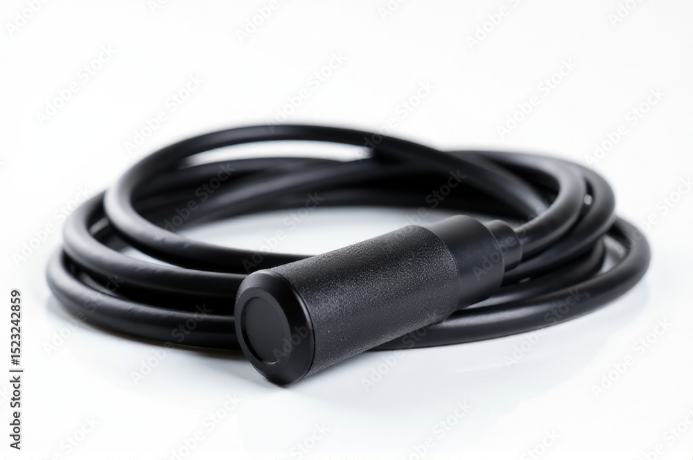 Close-up shot of a black cable lying on a white surface Close-up shot of a black cable lying on a white surface