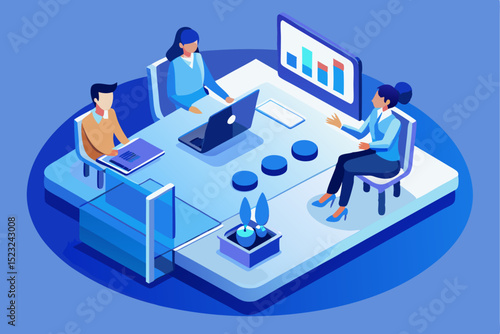 Three people in meeting, presentation with graph, isometric view, business discussion, team collaboration, office conference, data analysis concept.