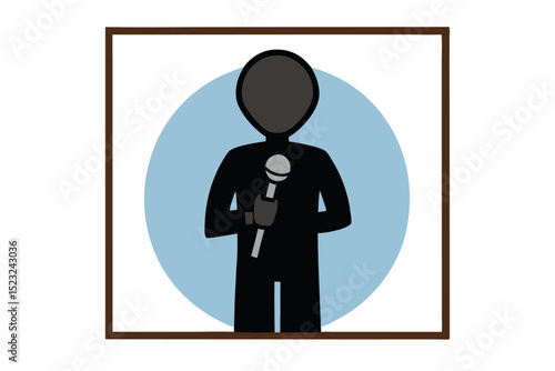 Black figure holding microphone, speech or performance, simple icon, presentation, public speaking, event, communication concept, vector design.