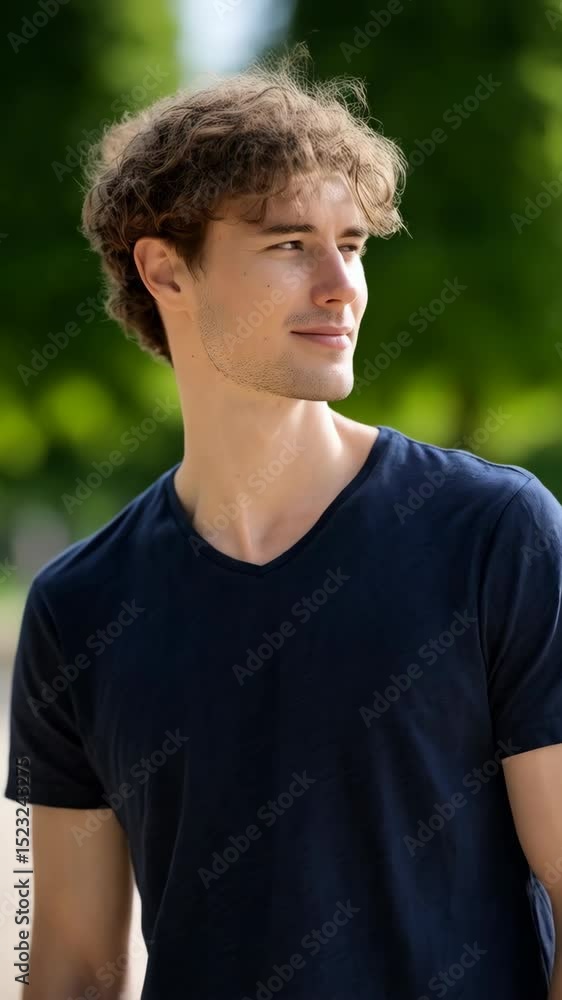 Outdoor portrait of a young man with curly hair wearing a blue t-shirt, looking into the distance on a bright sunny day in a park. Outdoor portrait of a young man with curly hair wearing a blue t-shirt, looking into the distance on a bright sunny day in a park.