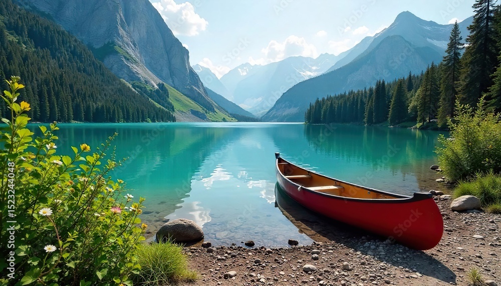A scenic lakeside trail leads to a docked canoe, perfect for a day of boating and hiking adventure Tranquil waters reflect the surrounding mountains, offering a serene escape , paddle, mountains A scenic lakeside trail leads to a docked canoe, perfect for a day of boating and hiking adventure Tranquil waters reflect the surrounding mountains, offering a serene escape , paddle, mountains