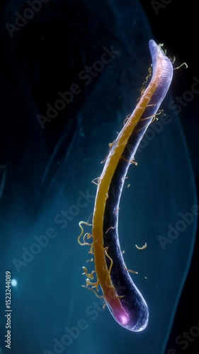 Abstract neuron cell with myelin sheath, axon, dendrites transmitting nerve impulses on dark background for neuroscience illustration