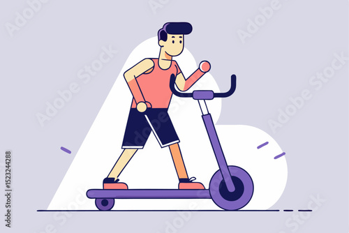 Cartoon man, scooter exercise, fitness activity, sport workout, casual sport, health lifestyle, vector illustration, active hobby, physical training, sport equipment.