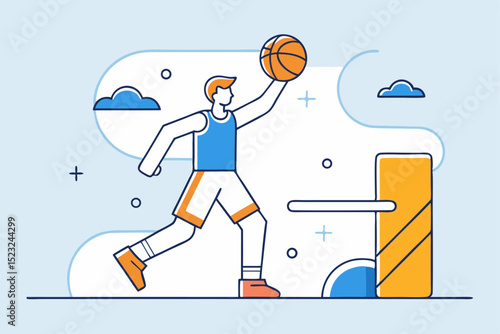 Basketball player, shooting action, sport game, basketball hoop, active sport, athletic activity, vector illustration, game play, physical exercise, sport scene.