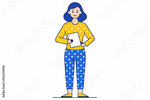 Woman standing with tablet, casual home office work, remote job lifestyle, digital device usage, comfortable clothing, relaxed posture, modern technology use, daily routine activity