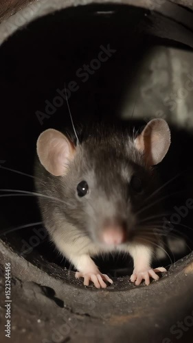 Close-up of a gray rat with whiskers, pink nose and big ears looking out from the dark opening of a rusty metal pipe tunnel.
