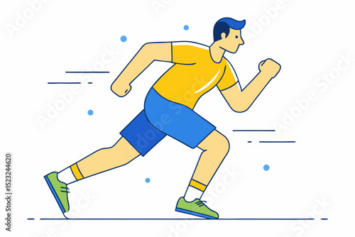 Man running, fitness exercise, workout routine, colorful sportswear, physical activity, speed training, health concept, sport practice, vector illustration