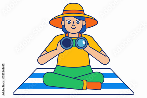 Person with binoculars, yellow hat, casual outfit, sitting on mat, outdoor activity, nature observation, leisure time, relaxed pose, colorful clothing, hobby pursuit.