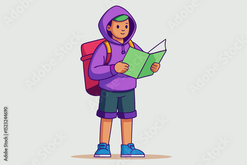 Hiker with map, hooded sweatshirt, red backpack, outdoor adventure, trail exploration, nature trip, travel planning, active hobby, youthful explorer, journey preparation.