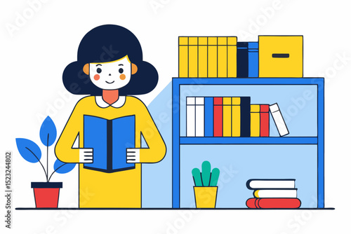 Woman reading, bookshelf, books, plant, vector illustration, study activity, library scene, leisure moment, knowledge pursuit, indoor reading.