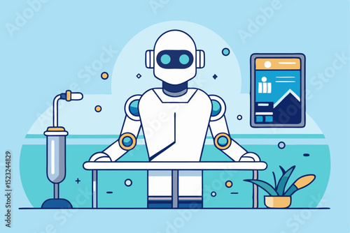 Robot working in office, AI technology, data analysis, scientific experiment setup, digital screen display, modern workspace concept, automated operation, future work environment.