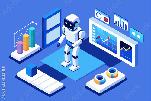 Robot in data environment, AI technology, business analytics, information display, digital statistics, automated analysis, futuristic workspace, graph visualization, tech innovation