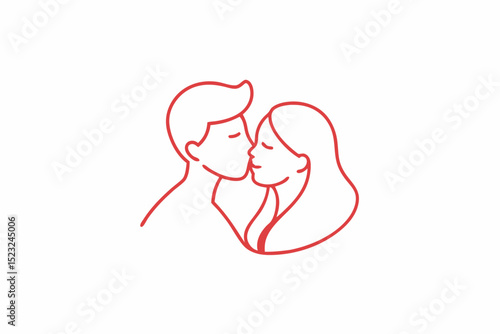 Red simple - drawn kissing couple, romantic figure, red line art, couple illustration, love gesture, romance concept, vector art, graphic design, intimate icon, simple stroke concept.