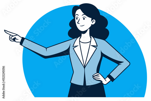 Woman in suit pointing forward on blue background, business figure, professional woman, pointing gesture, blue background, vector art, graphic design, business icon, leadership concept, simple 