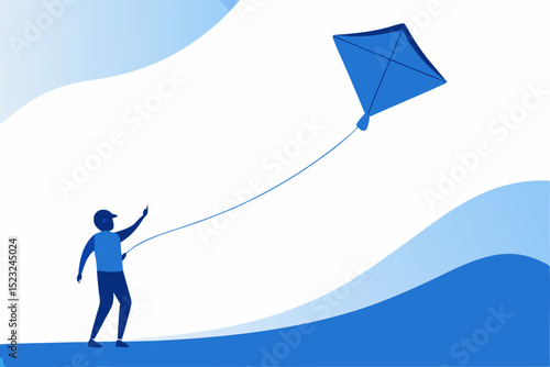 Figure flying kite in blue - and - white tone, leisure activity, kite flying, blue figure, outdoor fun, vector art, graphic design, leisure icon, simple illustration, nature concept.