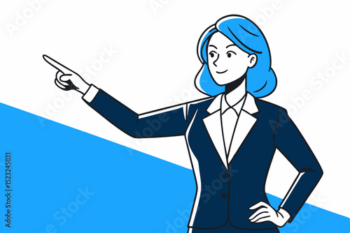Woman in suit pointing forward on blue - and - white background, business figure, professional woman, pointing gesture, blue - white, vector art, graphic design, business icon, leadership concept, sim