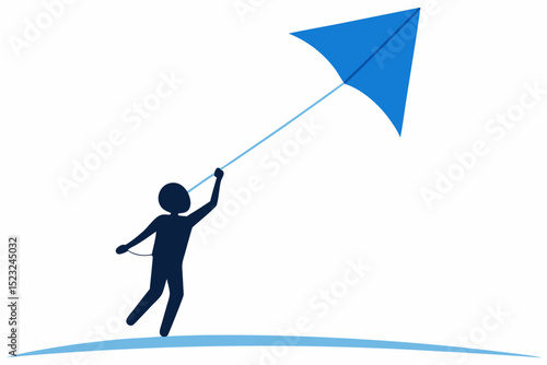 Blue silhouette figure flying kite, leisure activity, kite flying, blue silhouette, outdoor fun, vector art, graphic design, leisure icon, simple illustration, nature concept.