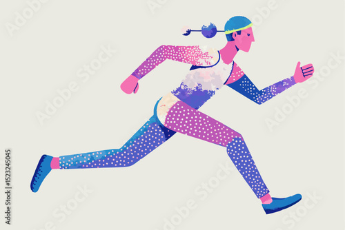Colorful running figure illustration, vibrant athlete, active sport, dynamic pose, fitness concept, colorful sportswear, running motion, healthy lifestyle, vector art, energetic runner.