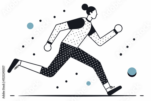 Black - and - white polka dot running figure illustration, stylish athlete, active run, dynamic gesture, fitness concept, dotted sportswear, running motion, healthy lifestyle, vector art, energetic ru