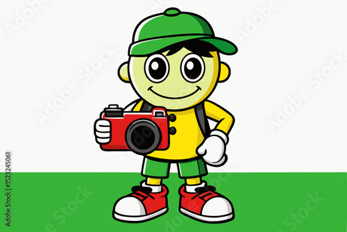 Cartoon character with camera, photography enthusiast, cute figure, travel photographer, green hat, yellow clothes, red camera, happy expression, vector art, tourist icon.