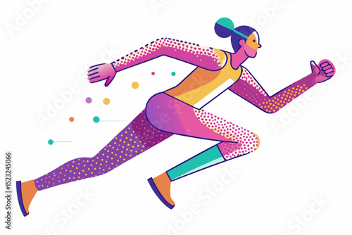 Colorful running figure illustration, vibrant athlete, active sport, dynamic pose, fitness concept, colorful sportswear, running motion, healthy lifestyle, vector art, energetic runner.