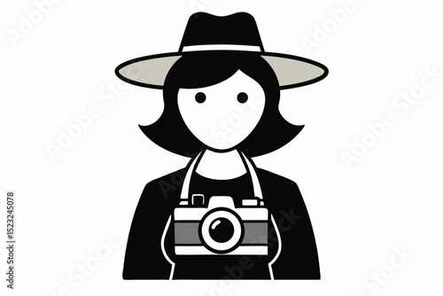 Character icon with wide - brimmed hat and camera, photography enthusiast, simple figure, travel photographer, black hat, camera, vector art, tourist symbol, minimalist design, photographer icon.